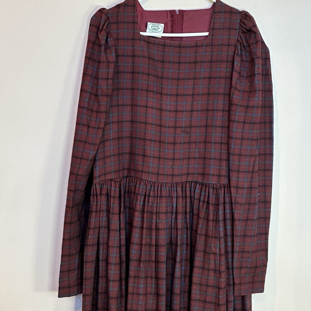 Vintage Laura Ashley Square Neck Tartan Plaid Prairie Dress Plum Size US 14 - Picture 2 of 9